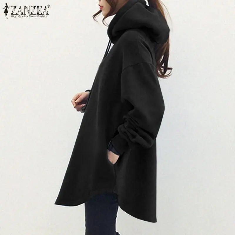 ZANZEA Women's Hoodies Long Sleeve Sweatshirts 2025 Spring Casual Solid Loose Long Drawstring Pullovers Oversized Streetwear 7