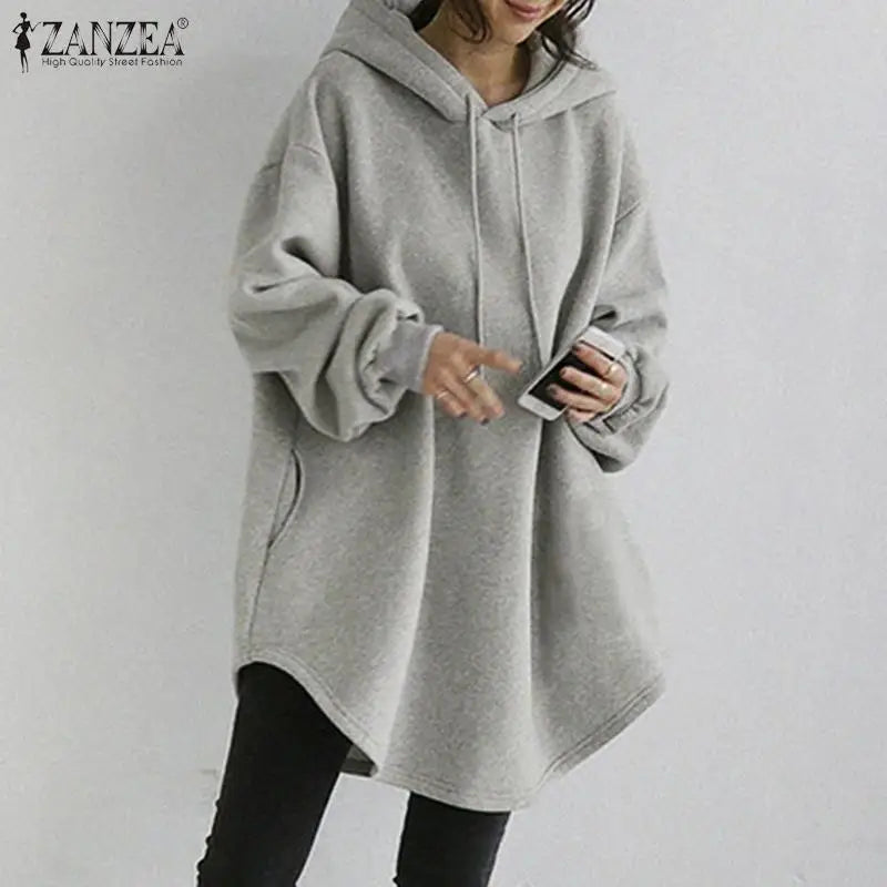 ZANZEA Women's Hoodies Long Sleeve Sweatshirts 2025 Spring Casual Solid Loose Long Drawstring Pullovers Oversized Streetwear 7