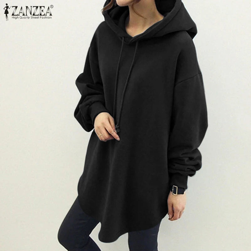 ZANZEA Women's Hoodies Long Sleeve Sweatshirts 2025 Spring Casual Solid Loose Long Drawstring Pullovers Oversized Streetwear 7
