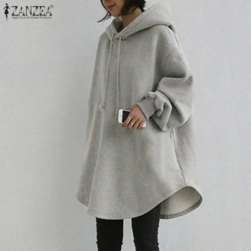 ZANZEA Women's Hoodies Long Sleeve Sweatshirts 2025 Spring Casual Solid Loose Long Drawstring Pullovers Oversized Streetwear 7