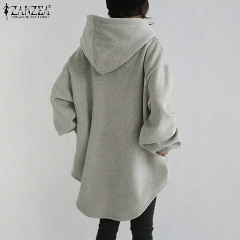 ZANZEA Women's Hoodies Long Sleeve Sweatshirts 2025 Spring Casual Solid Loose Long Drawstring Pullovers Oversized Streetwear 7