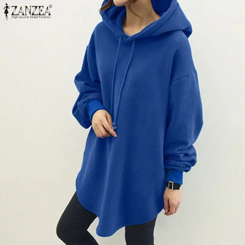 ZANZEA Women's Hoodies Long Sleeve Sweatshirts 2025 Spring Casual Solid Loose Long Drawstring Pullovers Oversized Streetwear 7