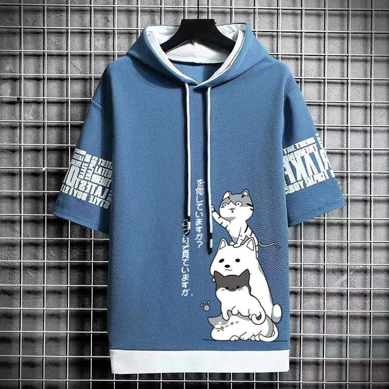 Japan Fashion Men's Hoodies Cartoon Casual Harajuku Streetwear Men Print Hooded Top Short Sleeve Sweatshirts Summer Men Clothing