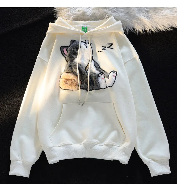 Flocked Hoodies Women Japanese Style Retro Ins Trendy All-match Students Couples Popular Kawaii Harajuku Spring Autumn Daily