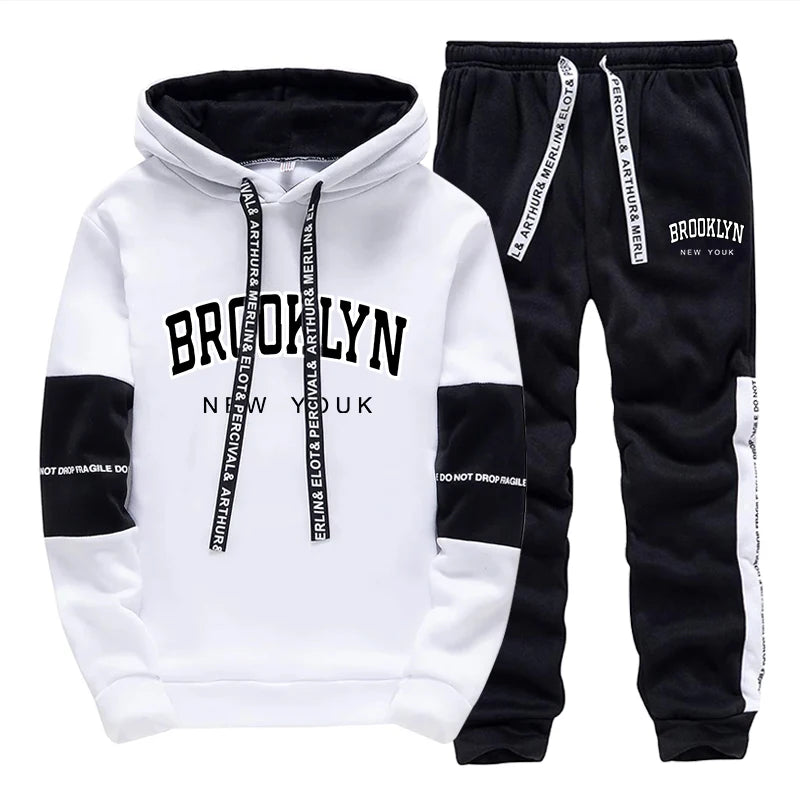 Brooklyn American Sweatshirt 2pcs Set Mens Casual Sports Hooded Jogging Suit Autumn Winter High Quality Hoodies and Sweatpants