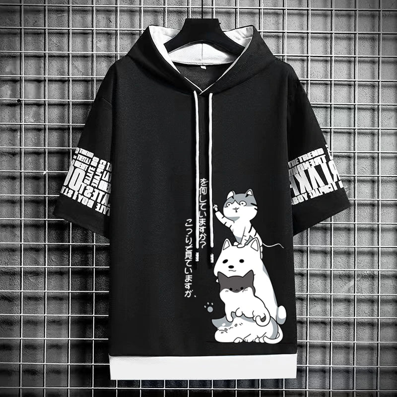 Japan Fashion Men's Hoodies Cartoon Casual Harajuku Streetwear Men Print Hooded Top Short Sleeve Sweatshirts Summer Men Clothing