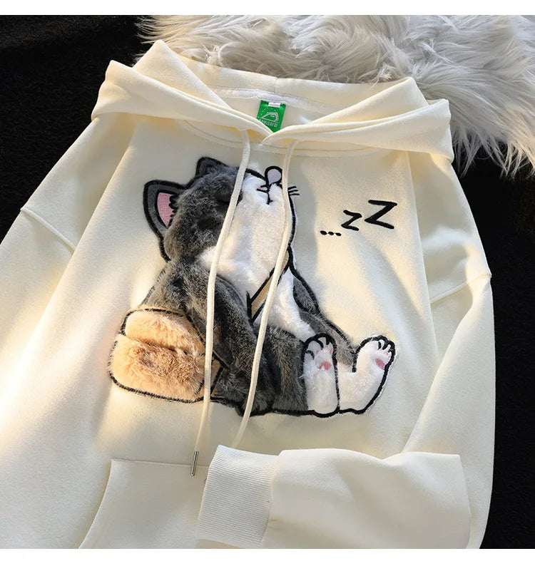 Flocked Hoodies Women Japanese Style Retro Ins Trendy All-match Students Couples Popular Kawaii Harajuku Spring Autumn Daily