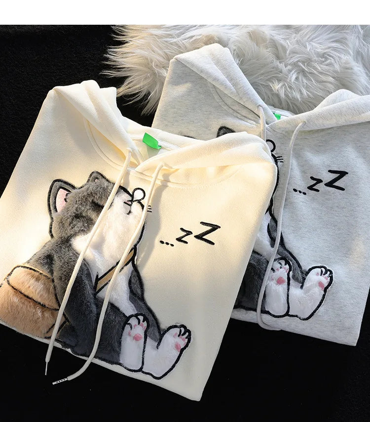 Flocked Hoodies Women Japanese Style Retro Ins Trendy All-match Students Couples Popular Kawaii Harajuku Spring Autumn Daily