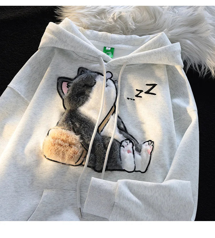 Flocked Hoodies Women Japanese Style Retro Ins Trendy All-match Students Couples Popular Kawaii Harajuku Spring Autumn Daily