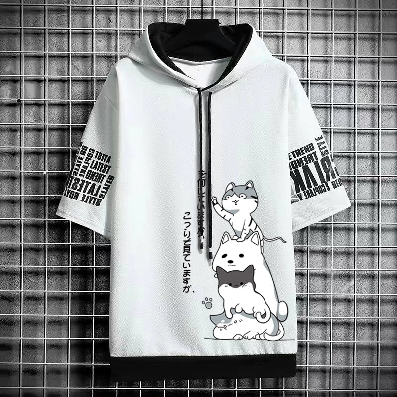 Japan Fashion Men's Hoodies Cartoon Casual Harajuku Streetwear Men Print Hooded Top Short Sleeve Sweatshirts Summer Men Clothing