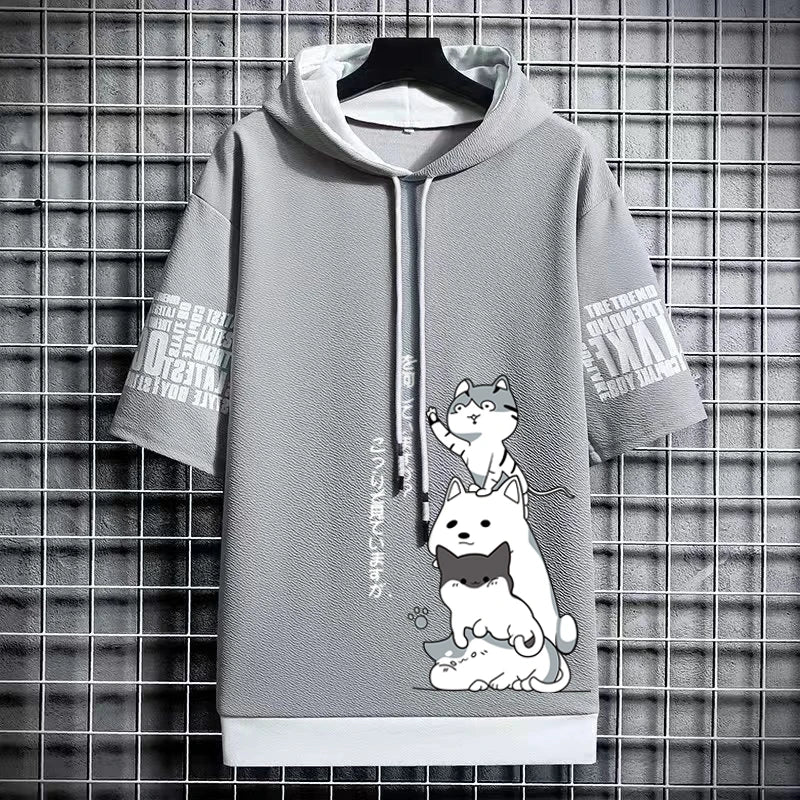 Japan Fashion Men's Hoodies Cartoon Casual Harajuku Streetwear Men Print Hooded Top Short Sleeve Sweatshirts Summer Men Clothing