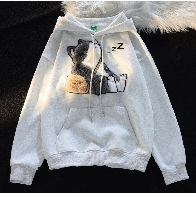 Flocked Hoodies Women Japanese Style Retro Ins Trendy All-match Students Couples Popular Kawaii Harajuku Spring Autumn Daily