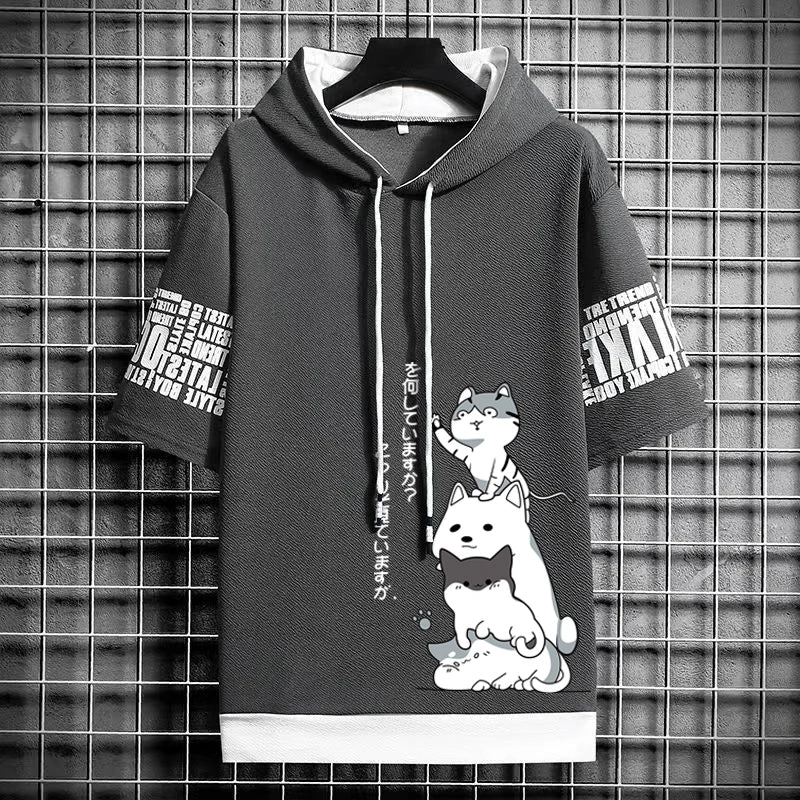 Japan Fashion Men's Hoodies Cartoon Casual Harajuku Streetwear Men Print Hooded Top Short Sleeve Sweatshirts Summer Men Clothing