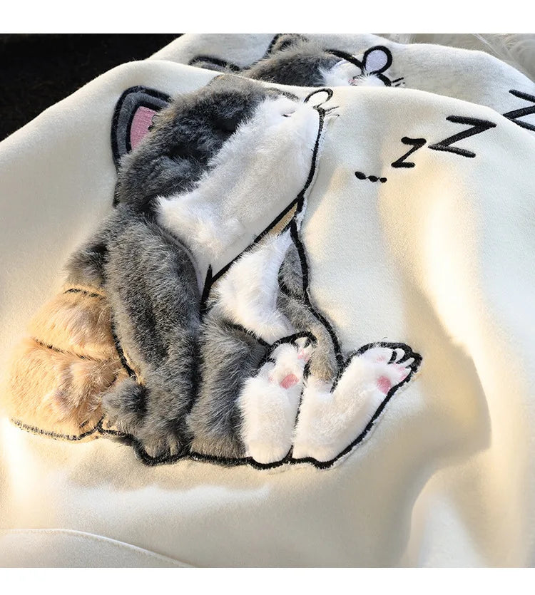 Flocked Hoodies Women Japanese Style Retro Ins Trendy All-match Students Couples Popular Kawaii Harajuku Spring Autumn Daily