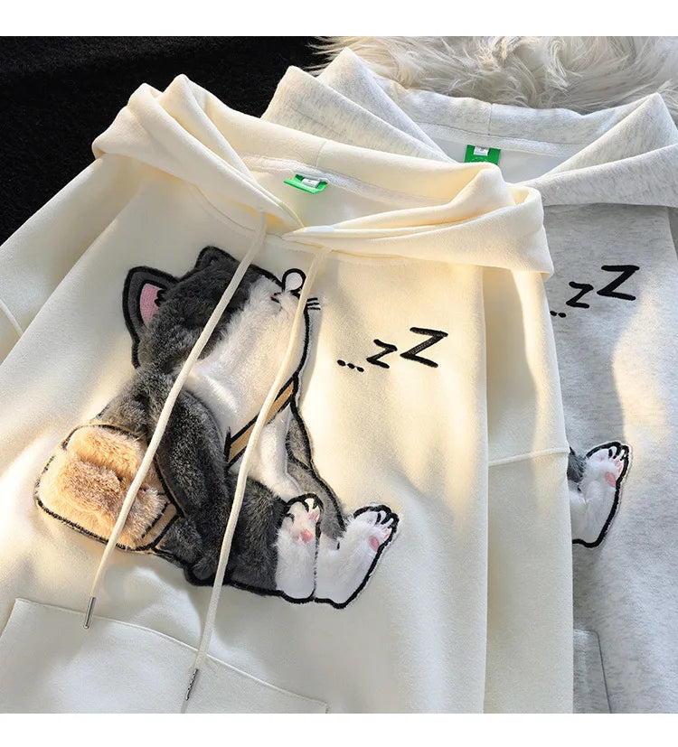 Flocked Hoodies Women Japanese Style Retro Ins Trendy All-match Students Couples Popular Kawaii Harajuku Spring Autumn Daily