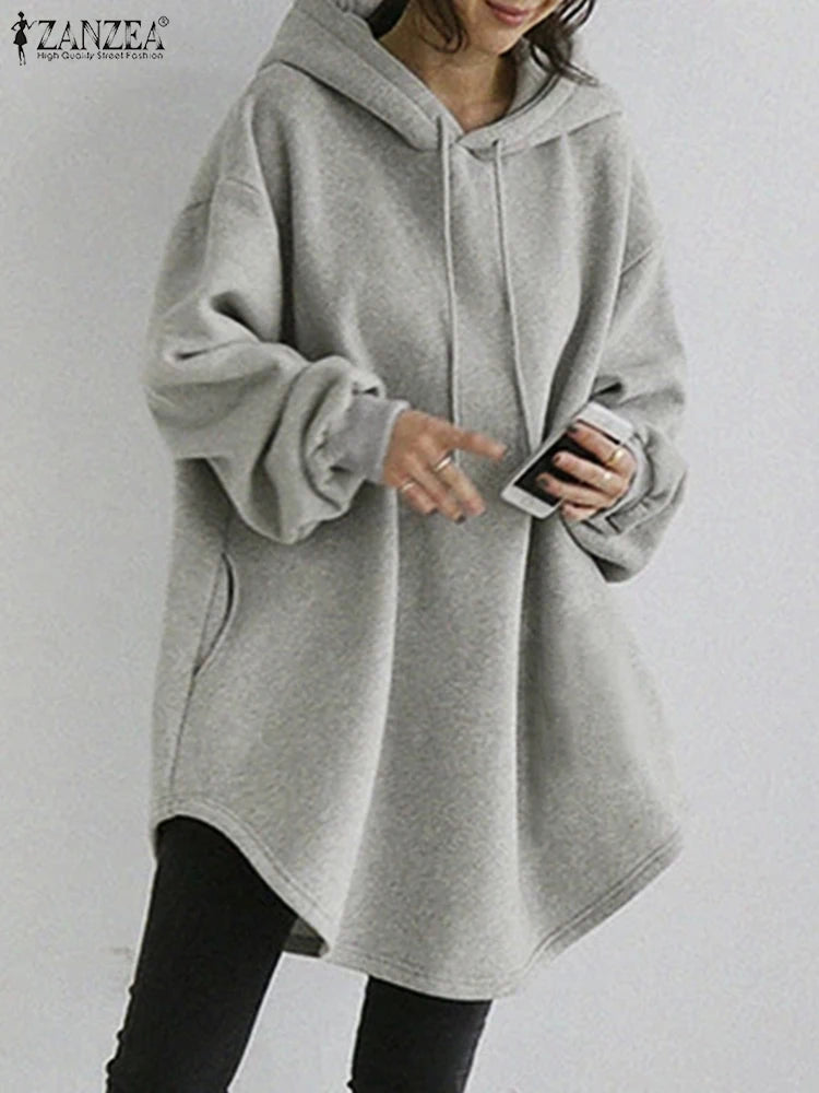 ZANZEA Women's Hoodies Long Sleeve Sweatshirts 2025 Spring Casual Solid Loose Long Drawstring Pullovers Oversized Streetwear 7