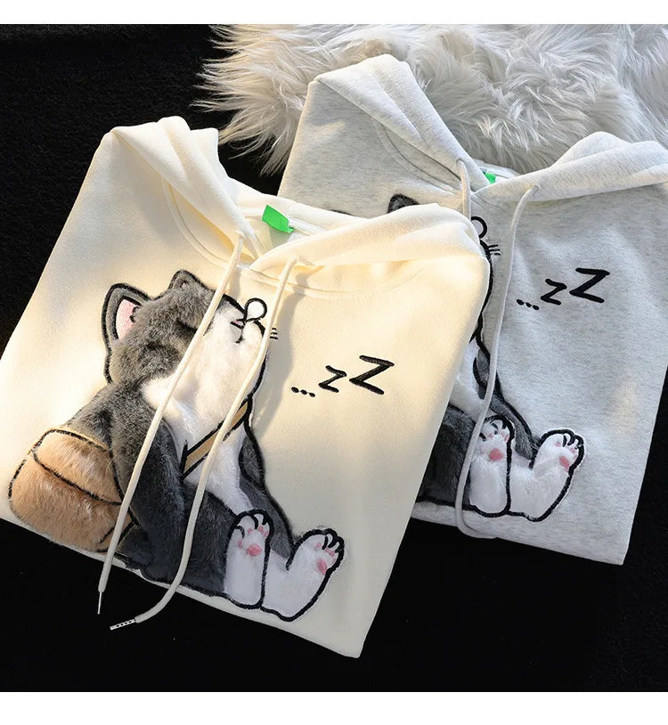Flocked Hoodies Women Japanese Style Retro Ins Trendy All-match Students Couples Popular Kawaii Harajuku Spring Autumn Daily