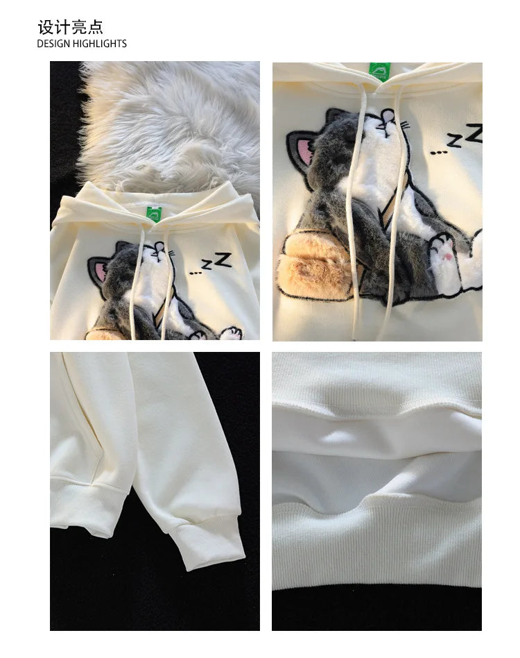 Flocked Hoodies Women Japanese Style Retro Ins Trendy All-match Students Couples Popular Kawaii Harajuku Spring Autumn Daily