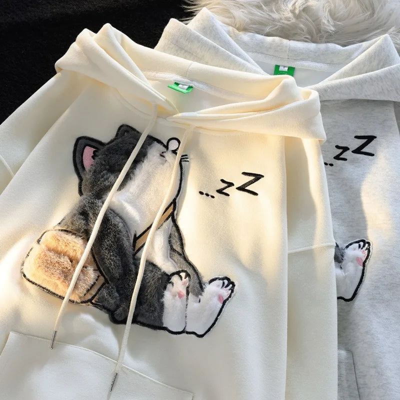 Flocked Hoodies Women Japanese Style Retro Ins Trendy All-match Students Couples Popular Kawaii Harajuku Spring Autumn Daily