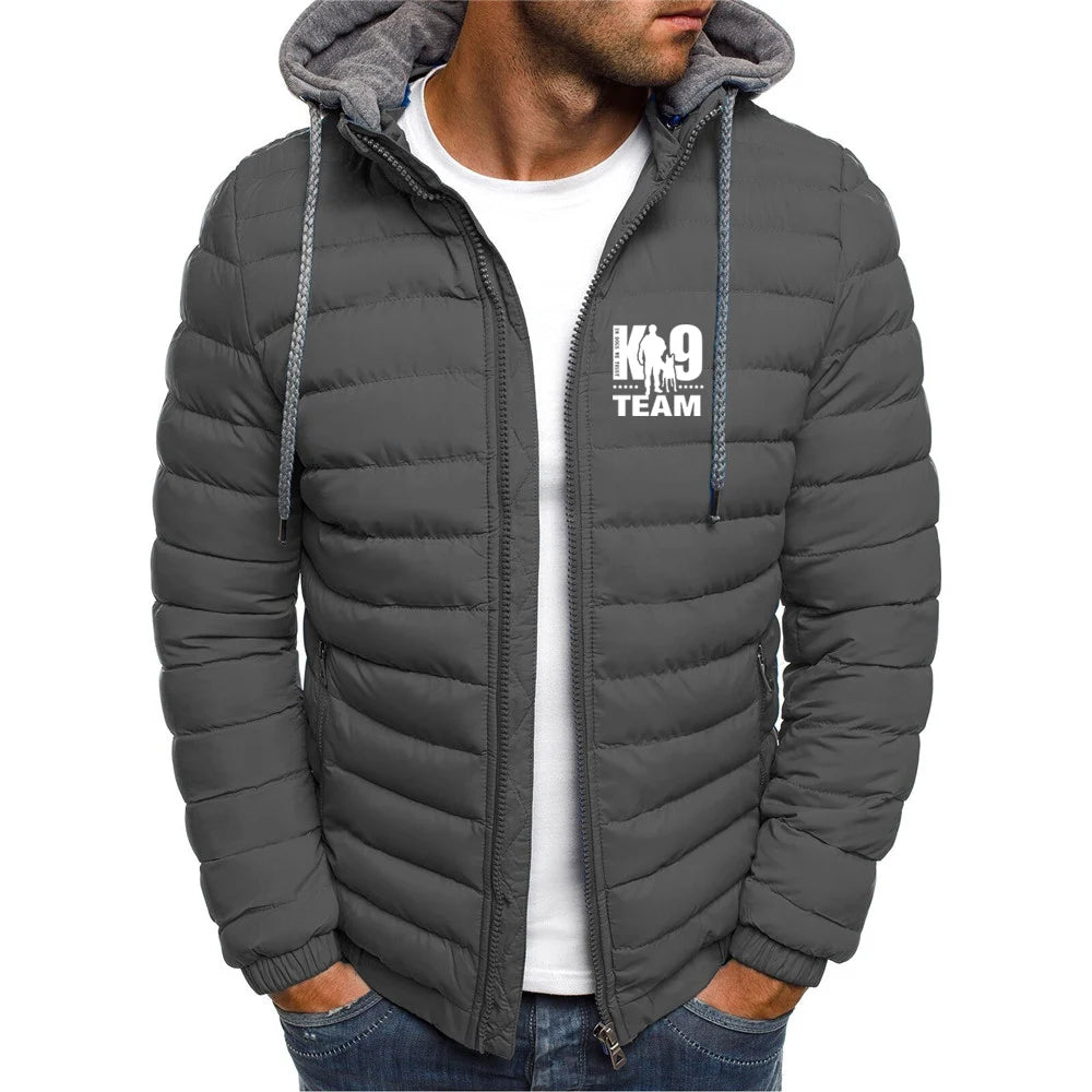 2025 Cotton Comfortable Coat Autumn And Winter Man's Cold-Proof Warm Hoodies K9 Team Logo Print Detachable Hat Senior Jacket