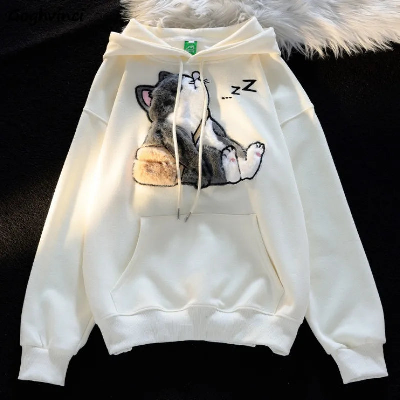 Flocked Hoodies Women Japanese Style Retro Ins Trendy All-match Students Couples Popular Kawaii Harajuku Spring Autumn Daily