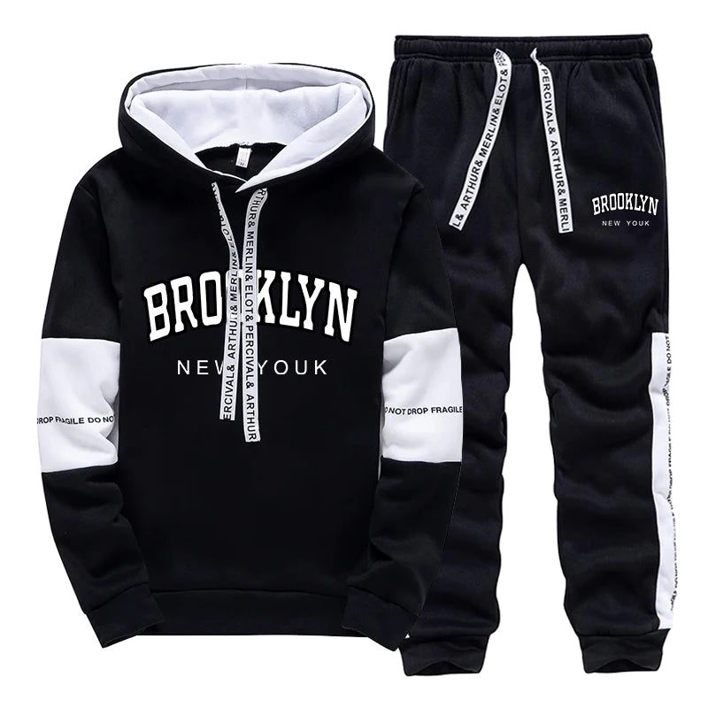 Brooklyn American Sweatshirt 2pcs Set Mens Casual Sports Hooded Jogging Suit Autumn Winter High Quality Hoodies and Sweatpants