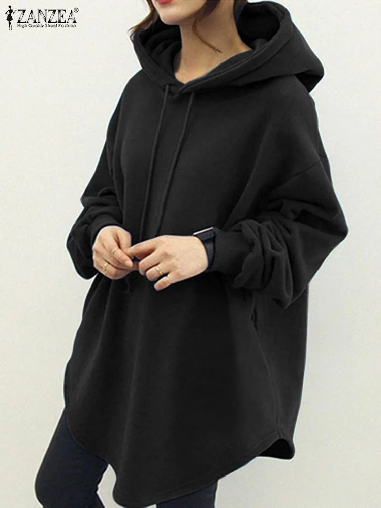 ZANZEA Women's Hoodies Long Sleeve Sweatshirts 2025 Spring Casual Solid Loose Long Drawstring Pullovers Oversized Streetwear 7