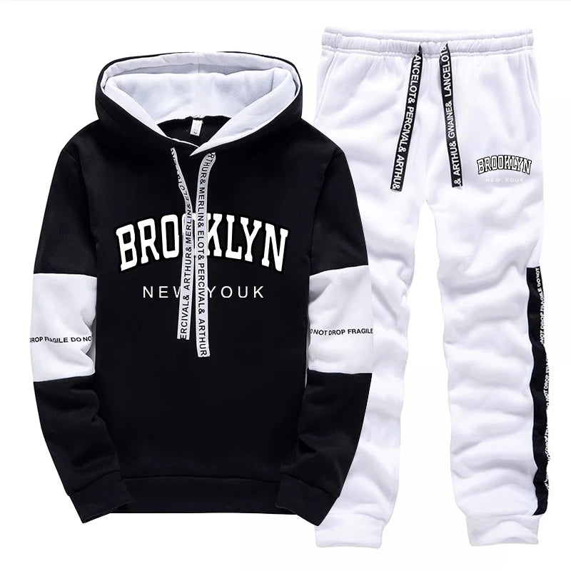 Brooklyn American Sweatshirt 2pcs Set Mens Casual Sports Hooded Jogging Suit Autumn Winter High Quality Hoodies and Sweatpants
