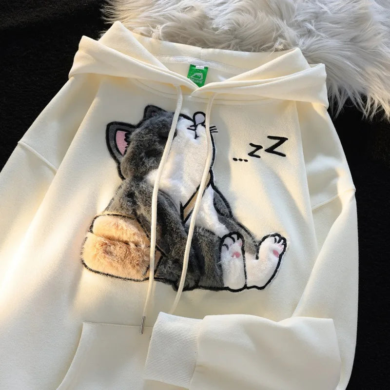 Flocked Hoodies Women Japanese Style Retro Ins Trendy All-match Students Couples Popular Kawaii Harajuku Spring Autumn Daily