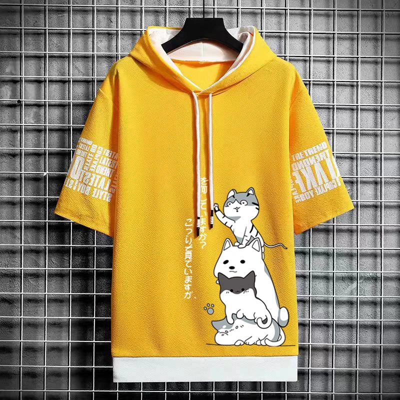 Japan Fashion Men's Hoodies Cartoon Casual Harajuku Streetwear Men Print Hooded Top Short Sleeve Sweatshirts Summer Men Clothing