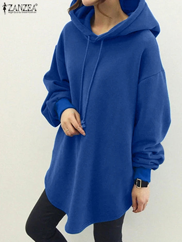 ZANZEA Women's Hoodies Long Sleeve Sweatshirts 2025 Spring Casual Solid Loose Long Drawstring Pullovers Oversized Streetwear 7
